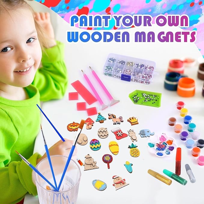 36 Pcs Wooden Magnets DIY Kit Wooden Art Craft Hanging Ornament Painting Craft Kit Gifts for Kids Boy Girl Easter Crafts Toys Basket Goodie Bag Stuffers