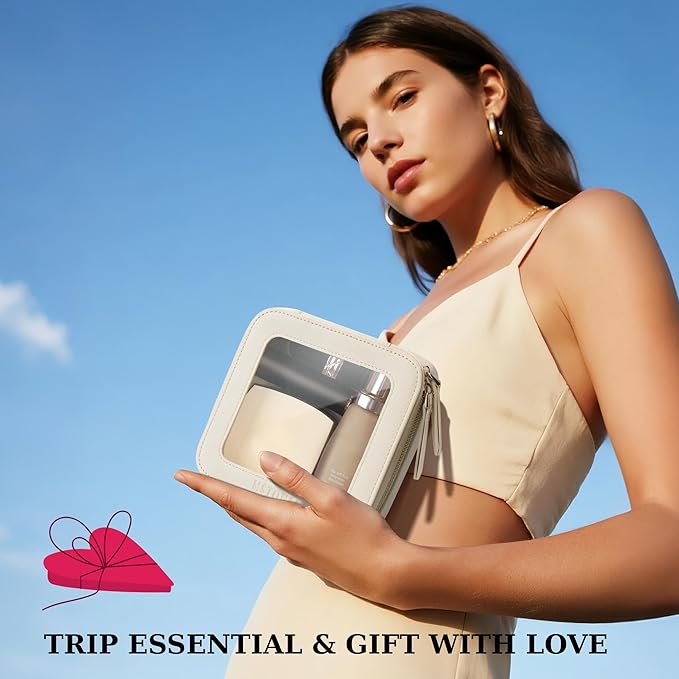 MSTONAL Clear Makeup Bag, Travel Toiletry Bag Cosmetic Case for Women, Waterproof Portable Small Make Up Skincare Pouch with Zipper, Compact Car Organizer Bag for Essentials, Mini Size, Beige