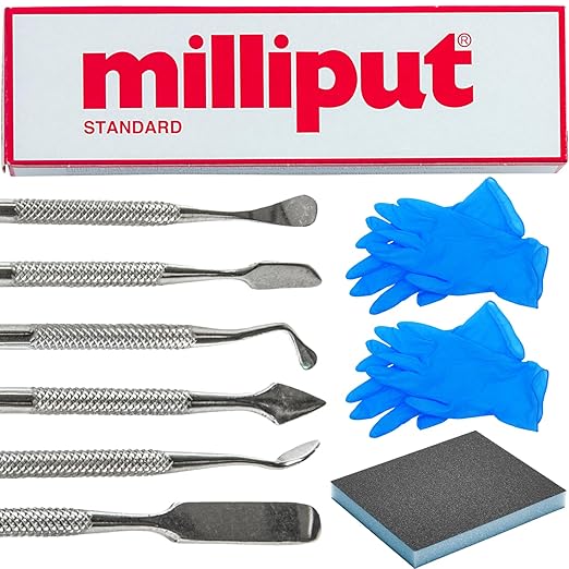 Milliput Epoxy Putty 10 Piece Set, Standard Color - with Sculpting Tools, Sanding Pad and Gloves - Air Dry Moldable Plastic Plumbers Clay - Ceramic Tile, Marble, and Quartz Countertop Chip Repair Kit
