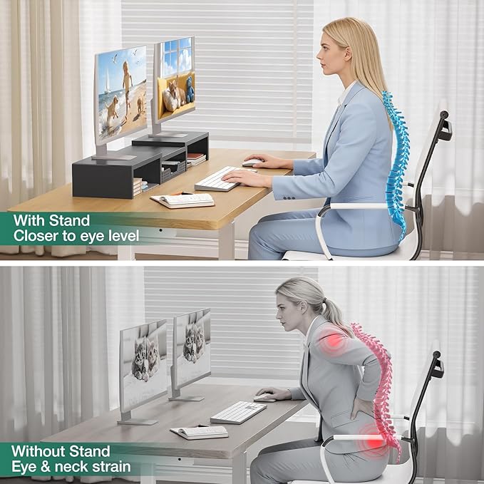 OPNICE Desk Organizer, Dual Computer Monitor Stand Riser with Drawer, Office Desk Accessories & Workspace Organizers, Black