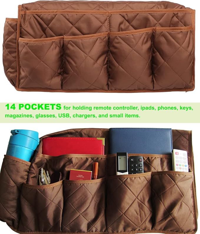 Armchair Caddy for Recliner Organizer Brown Coffee Sofa Armrest Organizer with 14 Pockets for Armchair Remote Control Holder Phones Ipads Keys Books Glasses Storage