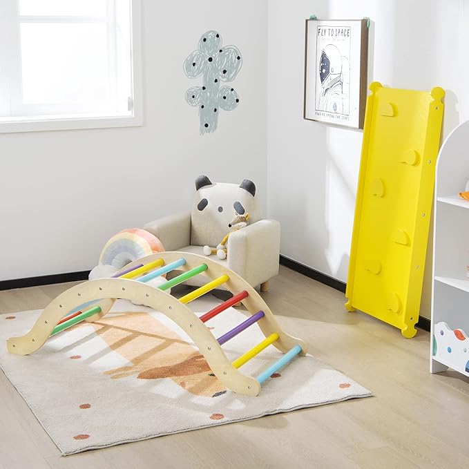 Costzon Climbing Toys for Toddlers, 3-in-1 Montessori Wooden Arch Climber Ladder Structure with Rock Climbing Ramp/Padding, Indoor Gym Learning Playset, Playground for Kids Gift (Rainbow)