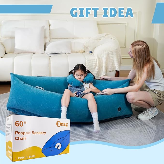 Bmag Sensory Chair for Kids, Inflatable Peapod Canoe with Neck Pillow, 60" Sensory Pod Seating ADHD Toy Gift for Autistic Children, Includes Electric Air Pump, Blue