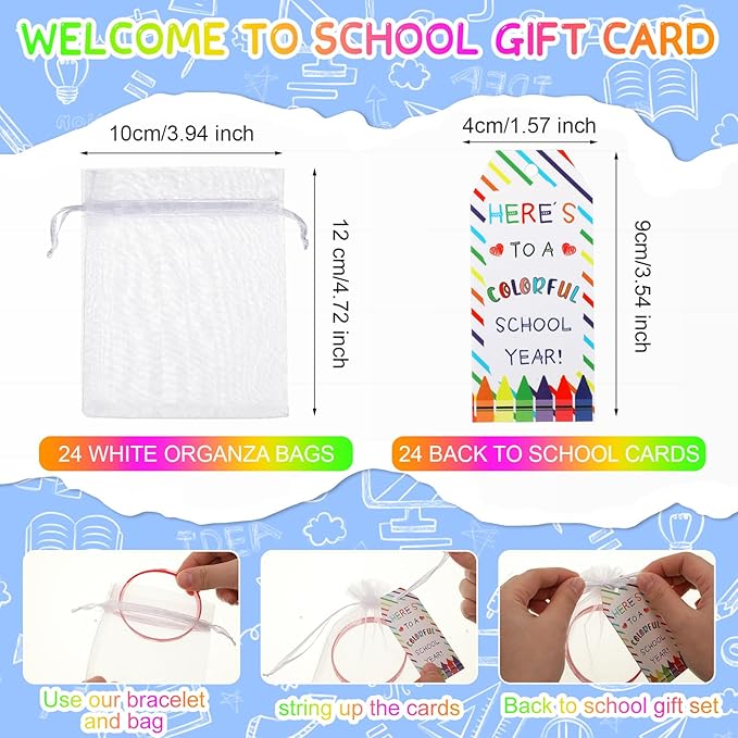Liliful 24 Set School Rubber Bracelet Welcome Back to School Gift Set with Rubber Bracelet Organza Bags and Gift Label Tags First Day of School Classroom Gifts Goodie Bag Fillers (Light Color)