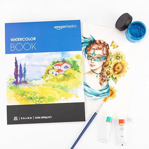 Amazon Basics Watercolor Pad, 9"x12", 140 lb / 300 gsm, 30 Sheets, White