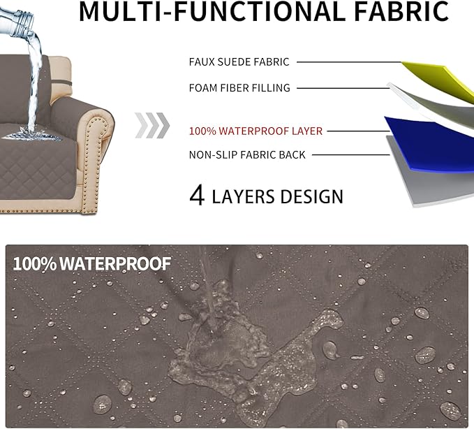 Easy-Going Waterproof Oversized Loveseat Covers Leakproof Couch Cover for 2 Cushion Couch Sofa Cover Washable Sofa Slipcover Non-Slip Furniture Protector with Pocket for Pets (Medium-XL, Taupe)