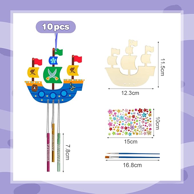 Fennoral 10 Pack Wind Chime Kit for Kids Make Your Own Pirates Ship Wind Chime Wooden Arts and Crafts for Girls Boys Ornaments DIY Coloring Ship for Art Activity Birthday Spring Party Decoration