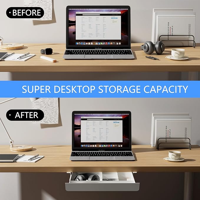 White Under Desk Sliding Pull-out Drawer with Pencil Tray and Slide Storage Tray, 17'' long & 13.5'' deep Large Organizer for Sit Stand Workstation…