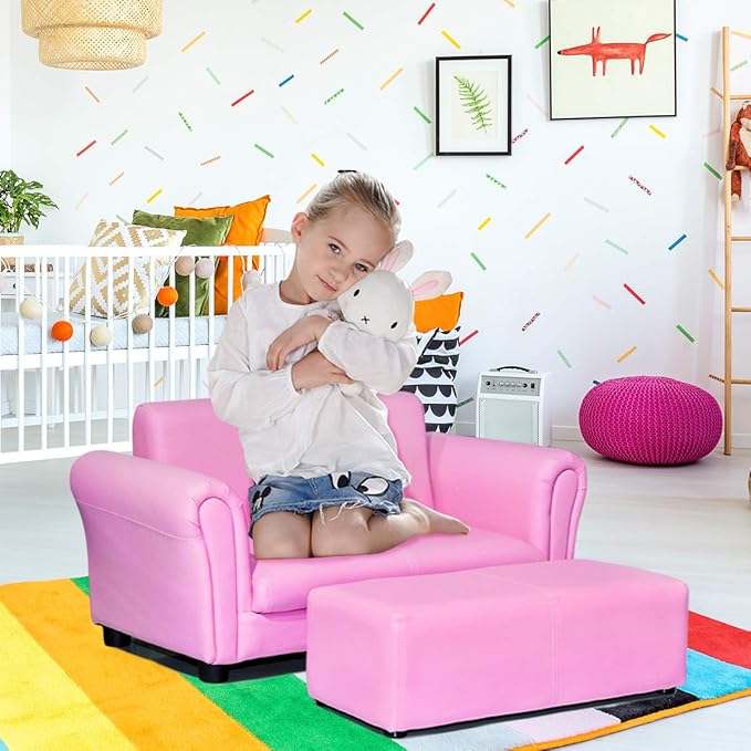 Costzon Kids Couch with Footstool, 2 in 1 Double Seat Children's Sofa w/PU Leather Surface, Armrest Chair Lounge, Soft Kids Sofa for Preschool Bedroom Kids Room Toddlers Boys Girls Birthday (Pink)
