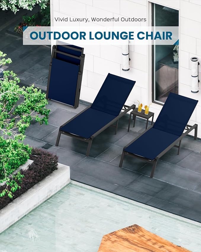 Pool Lounge Chairs Set of 2, Foldable Aluminum Chaise Lounge Outdoor with 5 Positions Recliner - Free Assembly - Patio Chaise Lounge Chair for Poolside, Beach, Yard (Navyblue, 2 Pack)