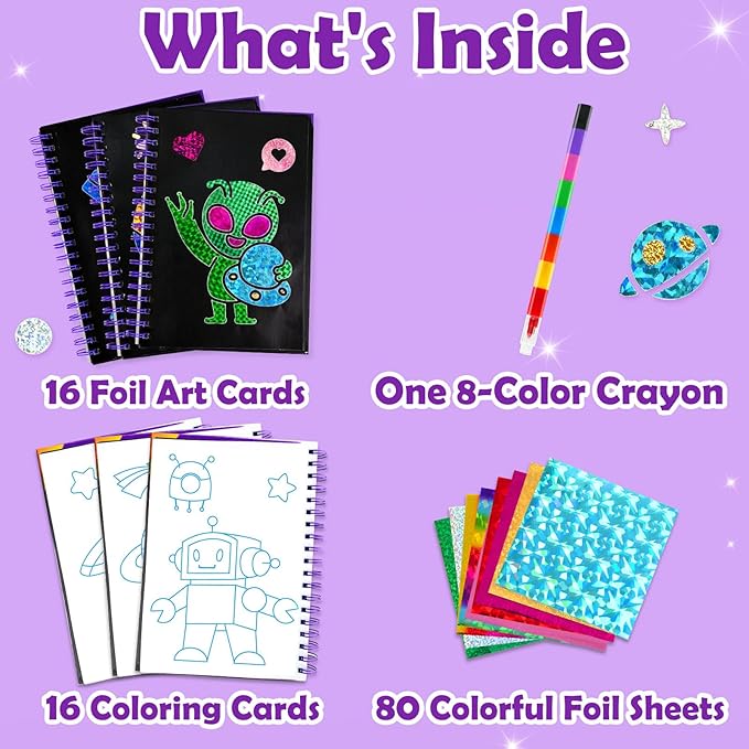 Foil Art Craft Activity for Kids: Fun DIY Toy Sticker Kit, No Mess Creative Travel Supply Set, Idea Birthday Easter Basket Stuffers Valentines Gift for Girl Boy Toddler 4 5 6 7 8 9 Year Oldļ¼Spaceļ¼