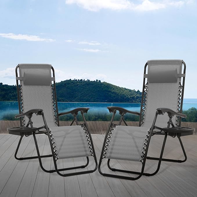 Athena Collection Zero Gravity Outdoor Lounge Chair Set of 2 with Cup Holder, 25" Width Pool Lounge Lawn Chairs Reclining, Outdoor Chaise for Beach Patio Backyard Outside, Grey