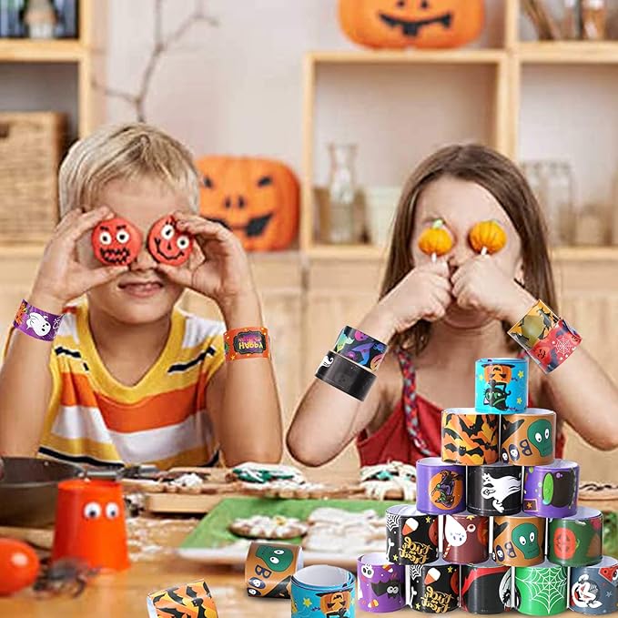 120 Pcs Friendship Bracelets Halloween Slap Bracelets Party Favors for Kids - 60 Different Design Bracelets Halloween Party Supplies and Decorations Snap Bracelets with Halloween Classies Pattern