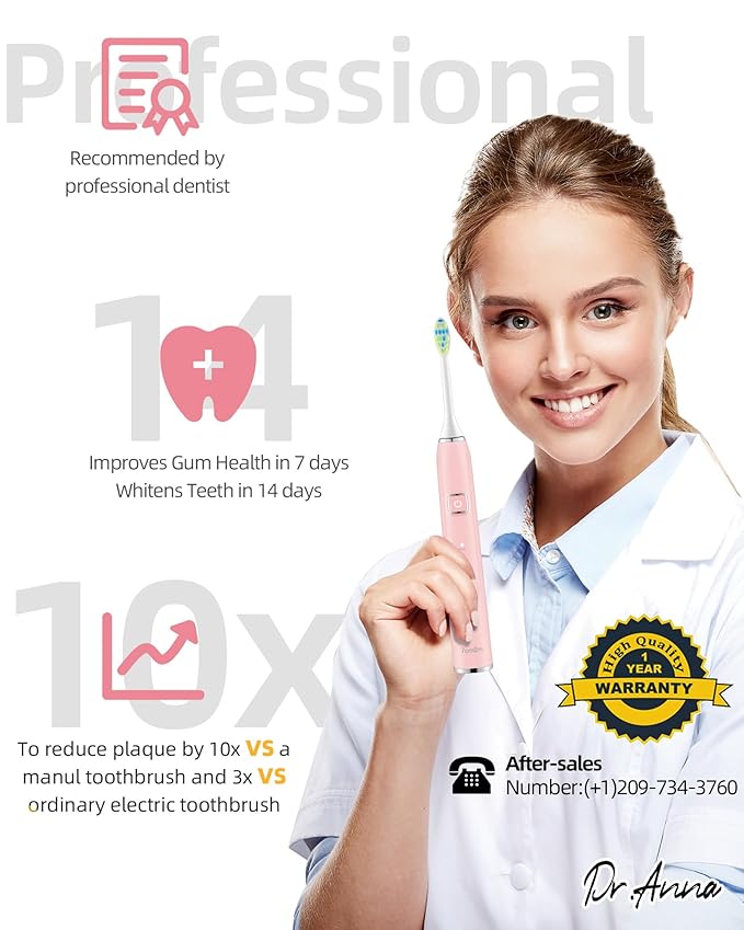 7AM2M Ultrasonic Electric Toothbrush with 6 Brush Heads for Adults&Kids, One Charge for 90 Days, Wireless Fast Charge, 5 Modes 40000VPM Powered Toothbrush, 2 Minutes Built in Smart Timer-Rose Pink