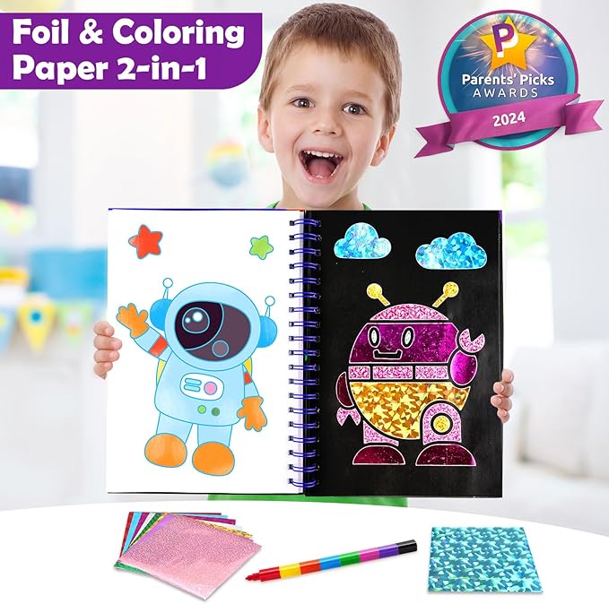 Foil Art Craft Activity for Kids: Fun DIY Toy Sticker Kit, No Mess Creative Travel Supply Set, Idea Birthday Easter Basket Stuffers Valentines Gift for Girl Boy Toddler 4 5 6 7 8 9 Year Oldļ¼Spaceļ¼