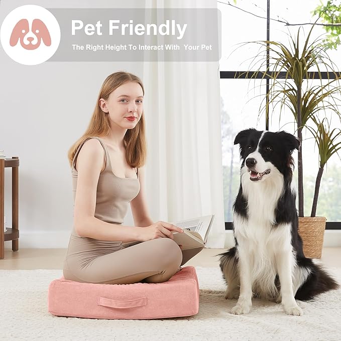 2 Pcs High Density Foam Floor Pillow - Upgraded Large Pillows Seating for Adults - Outdoor Floor Cushion with Soft Tufted Cover - Yoga Pillows for Sitting On Floor - 22 Inch Pink