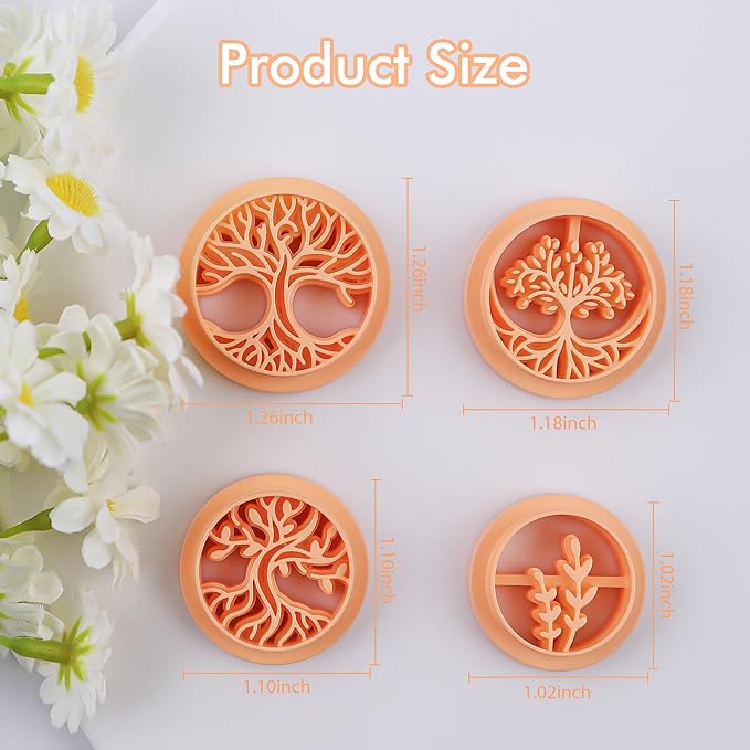 Puocaon Boho Polymer Clay Cutters - 4 Pcs Tree of Life Clay Cutters for Polymer Clay Jewelry Making, Embossed Polymer Clay Cutters for Earrings Jewelry, Life Tree Clay Jewelry Cutters Earrings Making