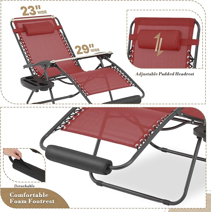 Athena Collection Zero Gravity Outdoor Lounge Chair Set of 2, 29" Width Pool Lounge Lawn Chairs Reclining with Cup Holder Foot Pad, Outdoor Chaise for Beach Patio Backyard Outside, Dark Red