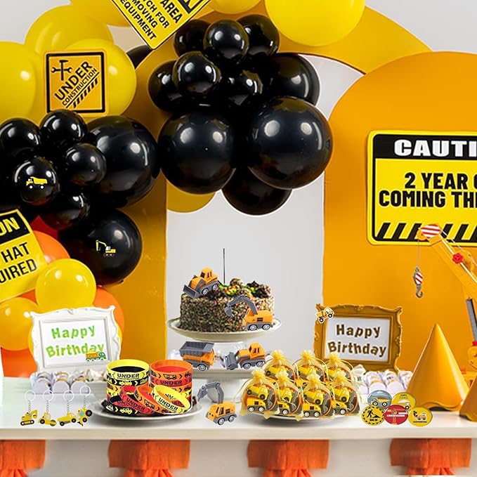 122 PCS Construction Party Favors Construction Theme Party Supplies Mini Construction Vehicles Rubber Bracelet Keychains Truck Button Pin Bags for Kids Birthday Party Favors Goodie Bag Fillers