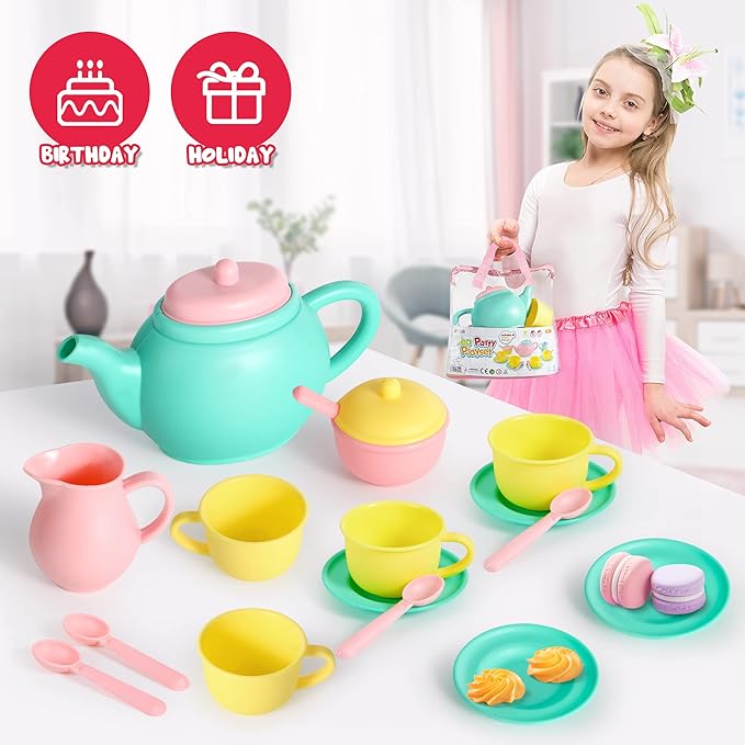JOYIN 18PCS Pretend Play Tea Party Set Play Food Accessories BPA Free, Phthalates Free, Plastic Tea Set, Mini Kitchen for Kids, Gifts for Toddler Boys Girls Ages 3 4 5 6 Years Old