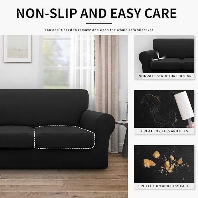 Easy-Going 100% Dual Waterproof Oversized Cover Stretch Soft Couch Cover for Dogs, Sofa Slipcover for 3 Separate Cushion Couch Leakproof Furniture Protector for Kids, Pets Black