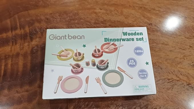 Giant bean 27PCS Wooden Toy Plates and Dishes for Kitchen Set, Wooden Play Kitchen Accessories for Girls and Boys, Montessori Toys, Christmas Birthday Gift for Kids