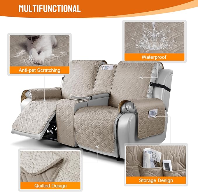 VANSOFY Loveseat Recliner Cover with Console 100% Waterproof Sofa Slipcovers Non-Slip Reclining Couch Cover Split Sofa Covers Furniture Protector for Pets, Dogs(Khaki)