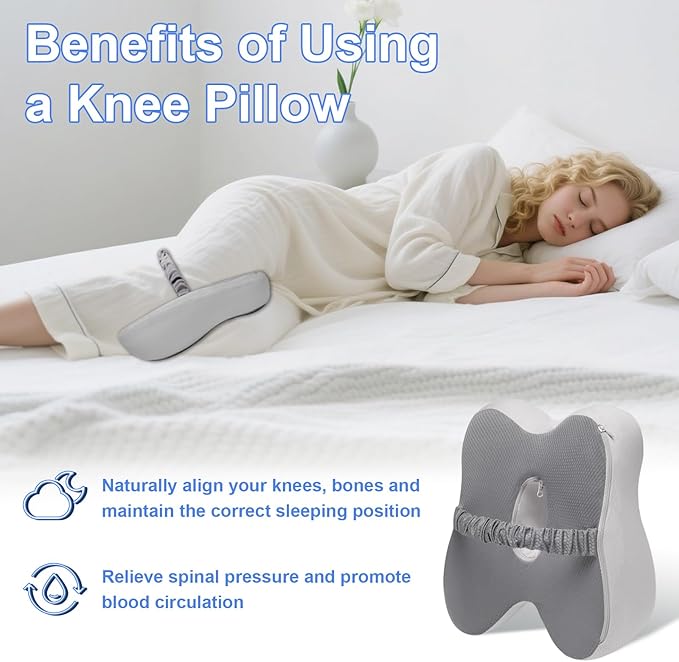 Memory Foam Leg Pillow for Side Sleepers,Sciatica Pain Relief Pillow with Ergonomic Design,Removable Breathable Cover and Elastic Band,Grey