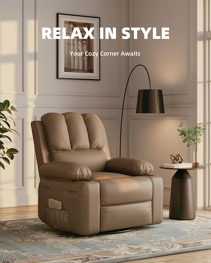 22'' Leather Recliner Chair for Adults, Overstuffed Manual Recliner Chair, Single Sofa with Cup Holder and Side Pockets, Upholstered Chair for Living Rooms, Tan