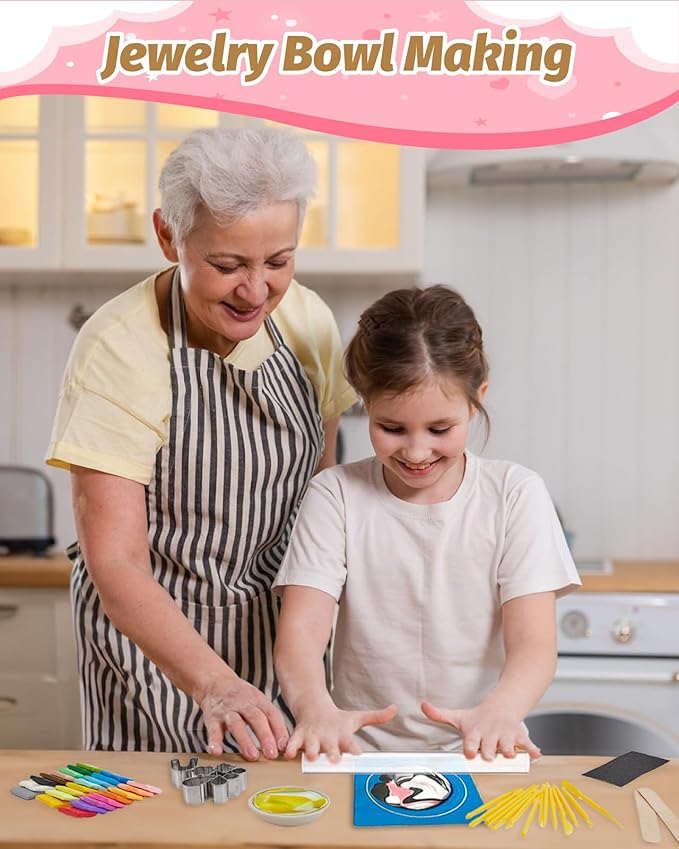 DIY Make Your Own Clay Jewelry Dish Craft Kit for Girls - Jewelry Dish Making Kit, w/24 Color Polymer Clay, 7 Circle Cutters, Rollers,212 pcs Earring Making Tools Arts and Crafts for Kids Ages 8+