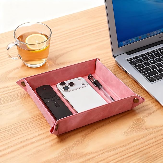 WAYIFON Valet Tray Desktop Storage Organizer – Premium PU Leather Catchall Bedside Vanity Tray Nightstand Caddy Holder for Remote Controller, Keys, Phone, Wallet, Coin, Jewelry,Pink