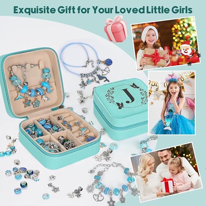 Charm Bracelet Making Kit, Kid Jewelry Making Kit for Girls 8-12, Unicorn Craft Kits for Teen Girls Toys Ages 3-10 Years Old Girl Gifts Trendy Stuff Birthday Christmas Gift with Initial Jewelry Box- J