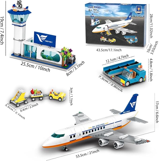 Large City Passenger Airplane Building Toys with LED Light, 21 Inches Plane Building Sets with 2PCS Luggage Trucks, Terminal, Radar Tower, Birthday Gifts for Kids Boys Girls Age 6-12 (901pcs)