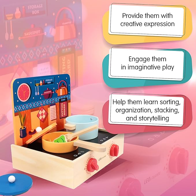 Leo & Friends 2-in-1 Mini Kitchen Wooden Play Set with 15-Pieces - Play-Pretend Toddler Toy for Girls and Boys Aged 24-Months and Older - Educational Kids Toy