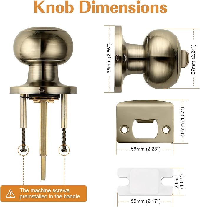 Probrico Bed/Bath Keyless Privacy Interior Door Knobs, Antique Brass Door Knobs 1 Pack