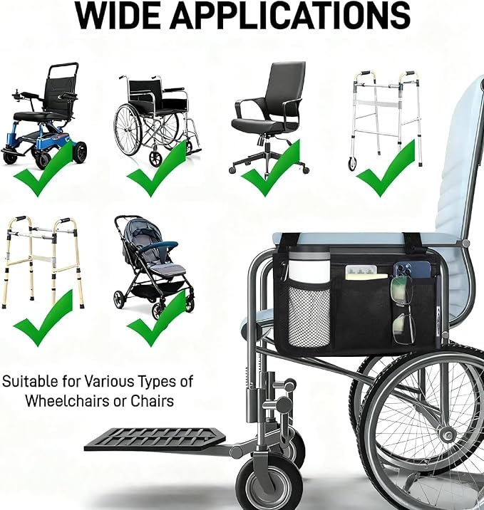 WEEOATAR Wheelchair Side Bags Storage Pouch with Cup Holder, Water-Resistant, Easy to Use with Release Buckle, Side Pocket with Reflective Stripe for Wheelchairs, Walkers or Rollator (Black)