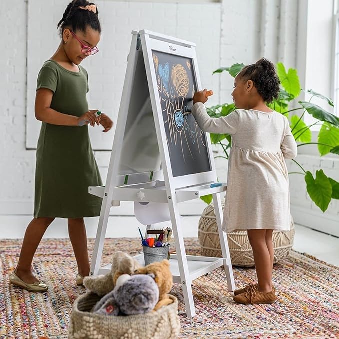 Little Partners Folding EZ Painting Easel for Kids, Dual-Sided Art Easel for Kids Art Station, Folds Flat with Chalkboard, Dry Erase Whiteboard, Paper, Eraser, Paint Cups, Shelf (Soft White)