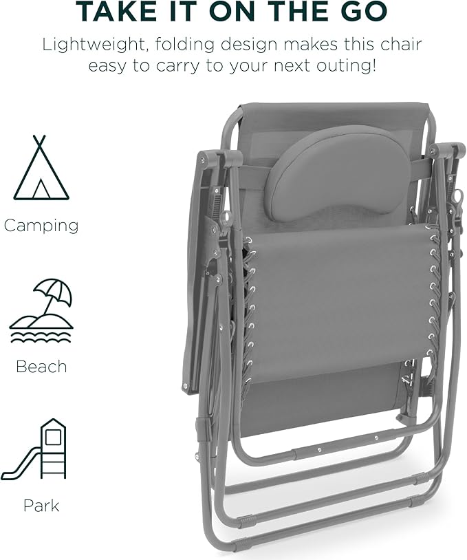 Best Choice Products Oversized Zero Gravity Chair, Folding Outdoor Patio Lounge Recliner w/Cup Holder Accessory Tray, Pillow - Dove Gray