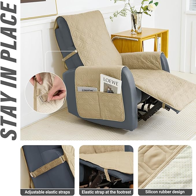 Recliner Chair Covers Sofa Slipcover Non-Slip Chair Couch Cover Machine Washable Furniture Protector with Straps for Dogs (Beige, 30inch Recliner)