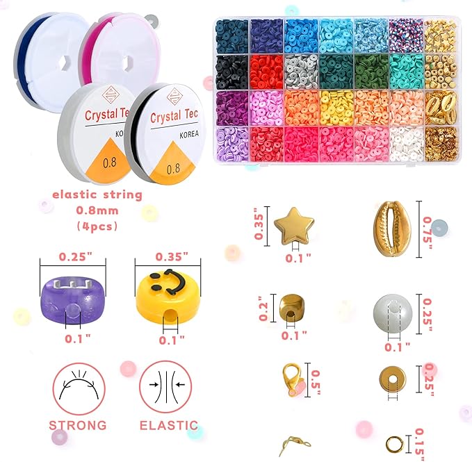 KAMJUNTAR 6000PCS Clay Beads for Bracelets Making Kit,24 Colors Flat Heishi Polymer Clay Beads for Jewelry Making with Letter Beads Smiley Face Beads Gift for Kids Girls DIY Necklace Bracelet