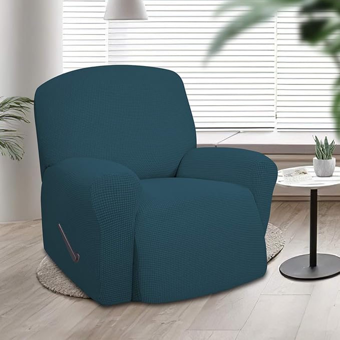 Easy-Going Recliner Stretch Sofa Slipcover Sofa Cover 1 Piece Furniture Protector Couch Soft with Elastic Bottom Kids,Polyester Spandex Jacquard Fabric Small Checks(Oversize Recliner,Deep Teal)