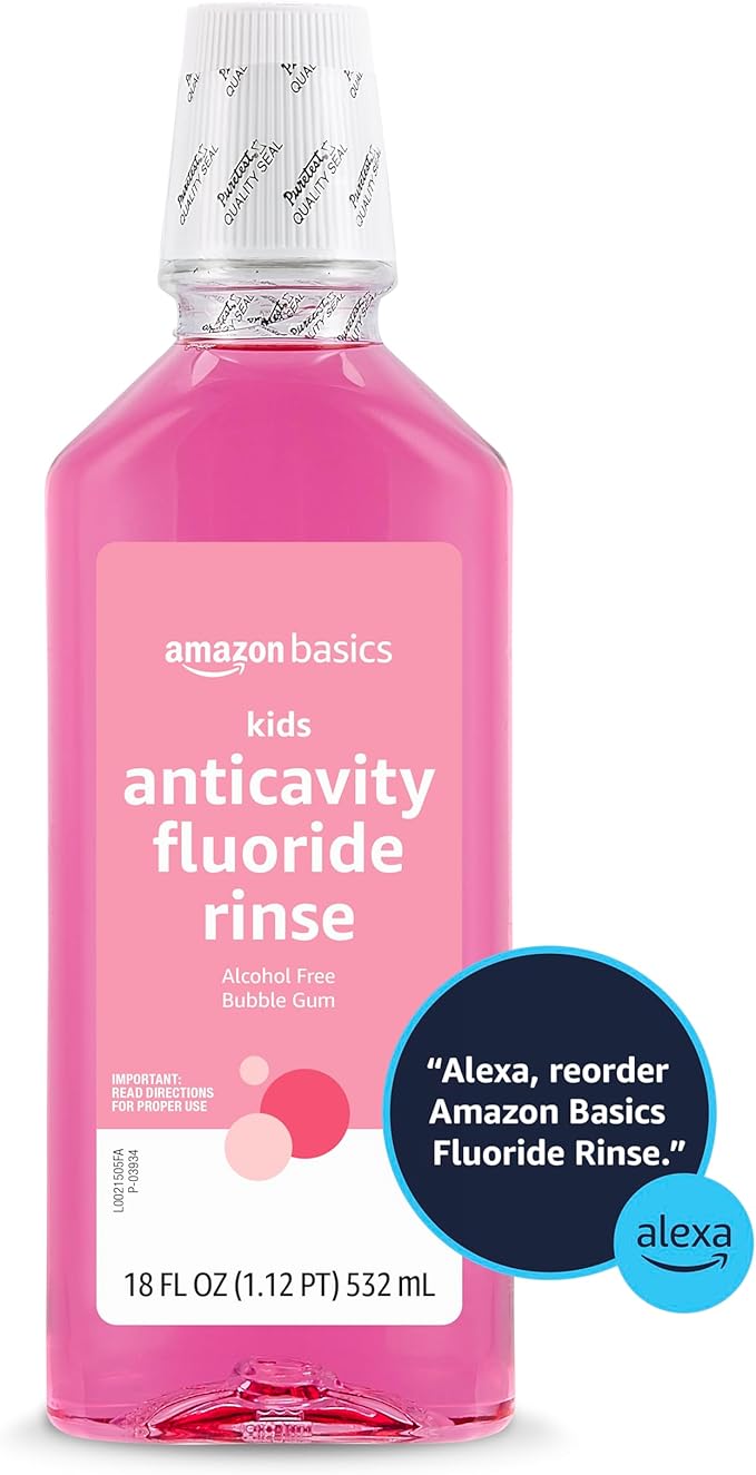 Amazon Basics Kids Mouthwash with Fluoride, Anticavity, Alcohol-Free Bubble Gum, 18 fl oz (Pack of 4)
