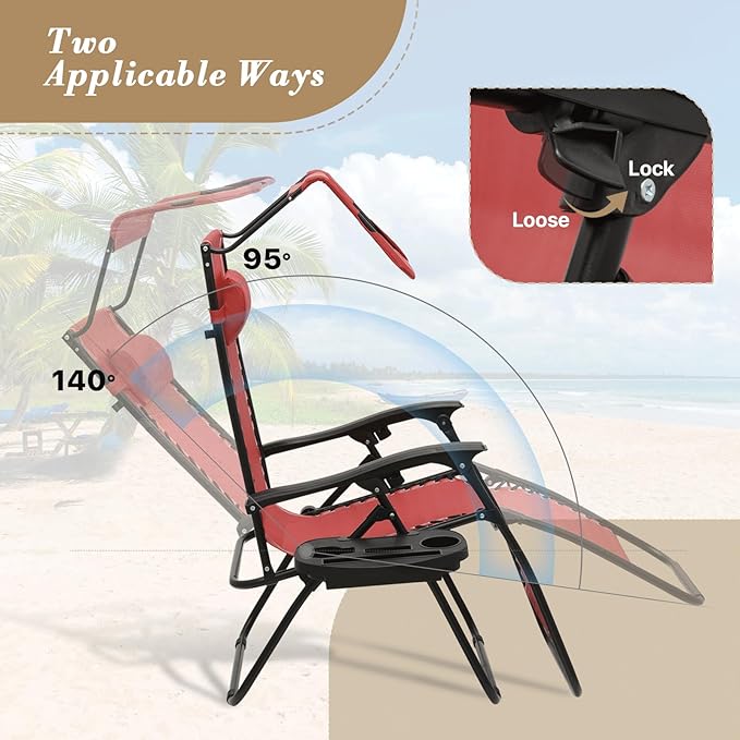 Athena Collection Zero Gravity Outdoor Lounge Chair Set of 2 with Canopy Shade, 25" Width Pool Lounge Lawn Chairs Reclining with Cup Holder, Outdoor Chaise for Beach Patio Outside, Dark Red