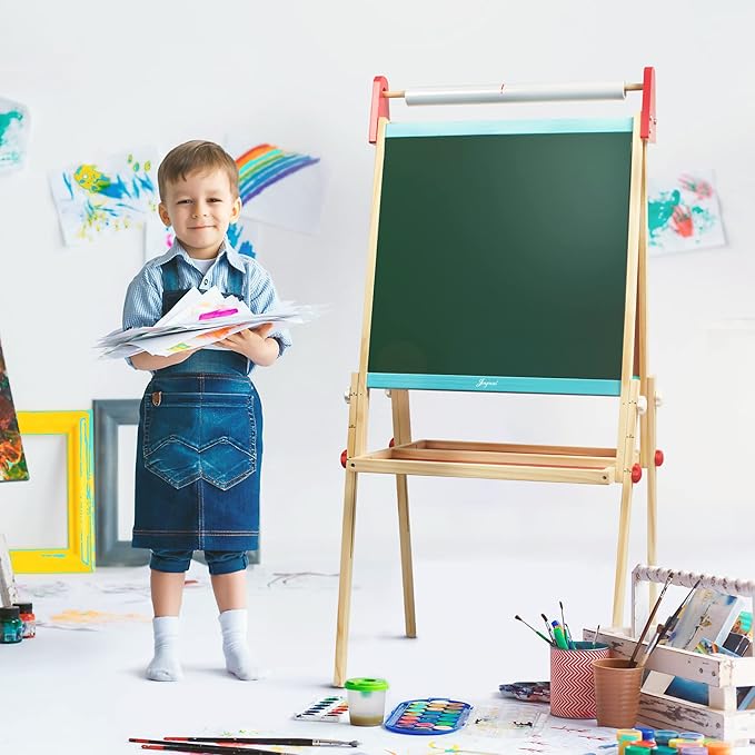 Joyooss Easel for Kids Easel, Wooden Easel Whiteboard & Chalkboard Easel, Foldable Height Adjustable Double Sided Toddler Art Easel Kids, Art Easel for Kids Age 4-8 9-12 Magnetic Board for Kids Easel
