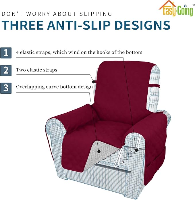 Easy-Going Sofa Slipcover Waterproof Recliner Chair Cover Non-Slip Fabric Couch Cover for Living Room Washable Furniture Protector for Pets Kids Children Dog Cat (Recliner, Wine)