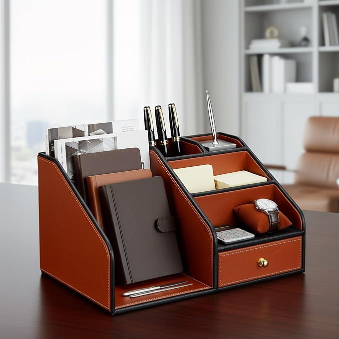 KINGFOM PU Leather Desk Organizer, Multifunction 6 Compartment Desk Organizers and Accessories for Office Supplies, Pen Pencil Holder/Book Mail Organizer Holder for Desk with Drawer (Brown)