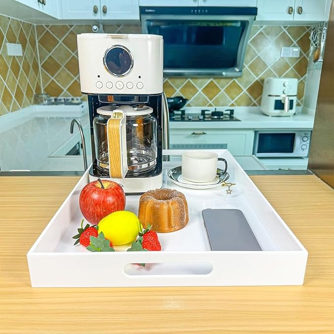 White Rectangular 14x20 Inches Acrylic Ottoman Tray Decorative Serving Tray with Cutout Handles Organizer Tray on Coffee Table Countertop Big Breakfast Bed Tray Living Room Appetizer Serving Food