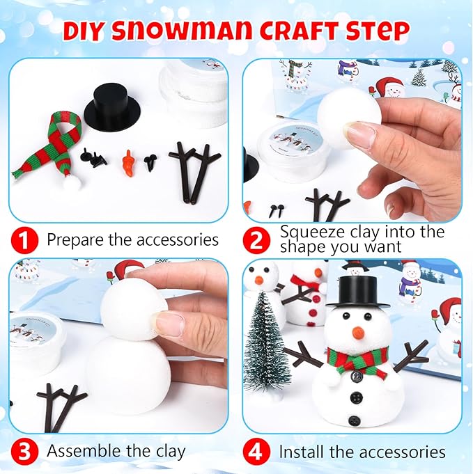 12 Pack Modeling Clay DIY Snowman Kit, Christmas Build a Snowman Craft Kit for Kids, Creative Kids Air Dry Modeling Clay, Christmas Crafts Xmas Gift Stocking Stuffers for Kids