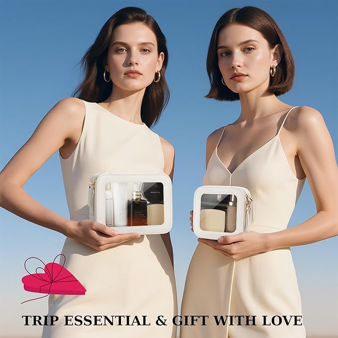 MSTONAL Clear Makeup Bag, Travel Toiletry Bag Cosmetic Case for Women, Waterproof Portable Make Up Skincare Pouch with Zipper, Compact Car Organizer Bag for Essentials, Mini & Medium, Ivory White