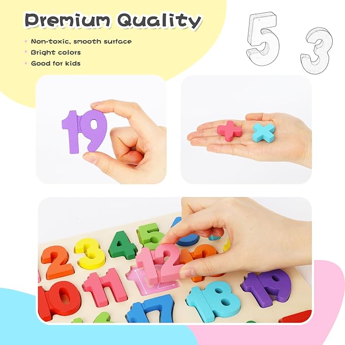LovesTown Wooden Puzzles for Kids, Number Shape Puzzles Preschool Educational Toys Montessori Toddler Puzzles for Boys Girls